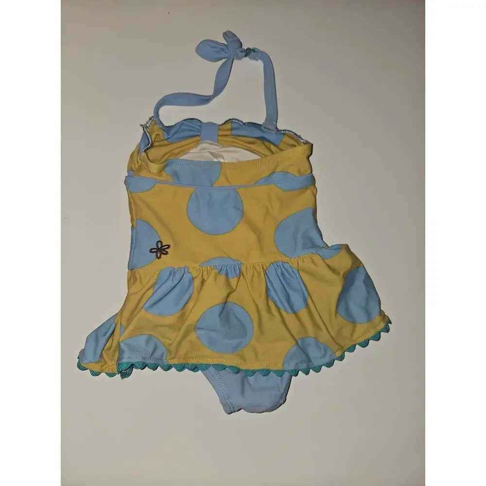Matilda Jane Girls Size 2 Swimsuit Yellow Blue Polka Dot Skirted Halter One Piec
